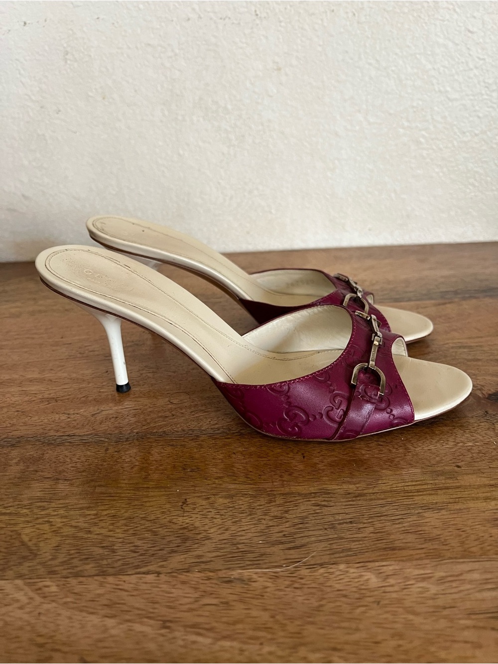GUCCI Women's Purple Guccissima Leather Open-Toe Horsebit Mules Heels Sz 38.5 C